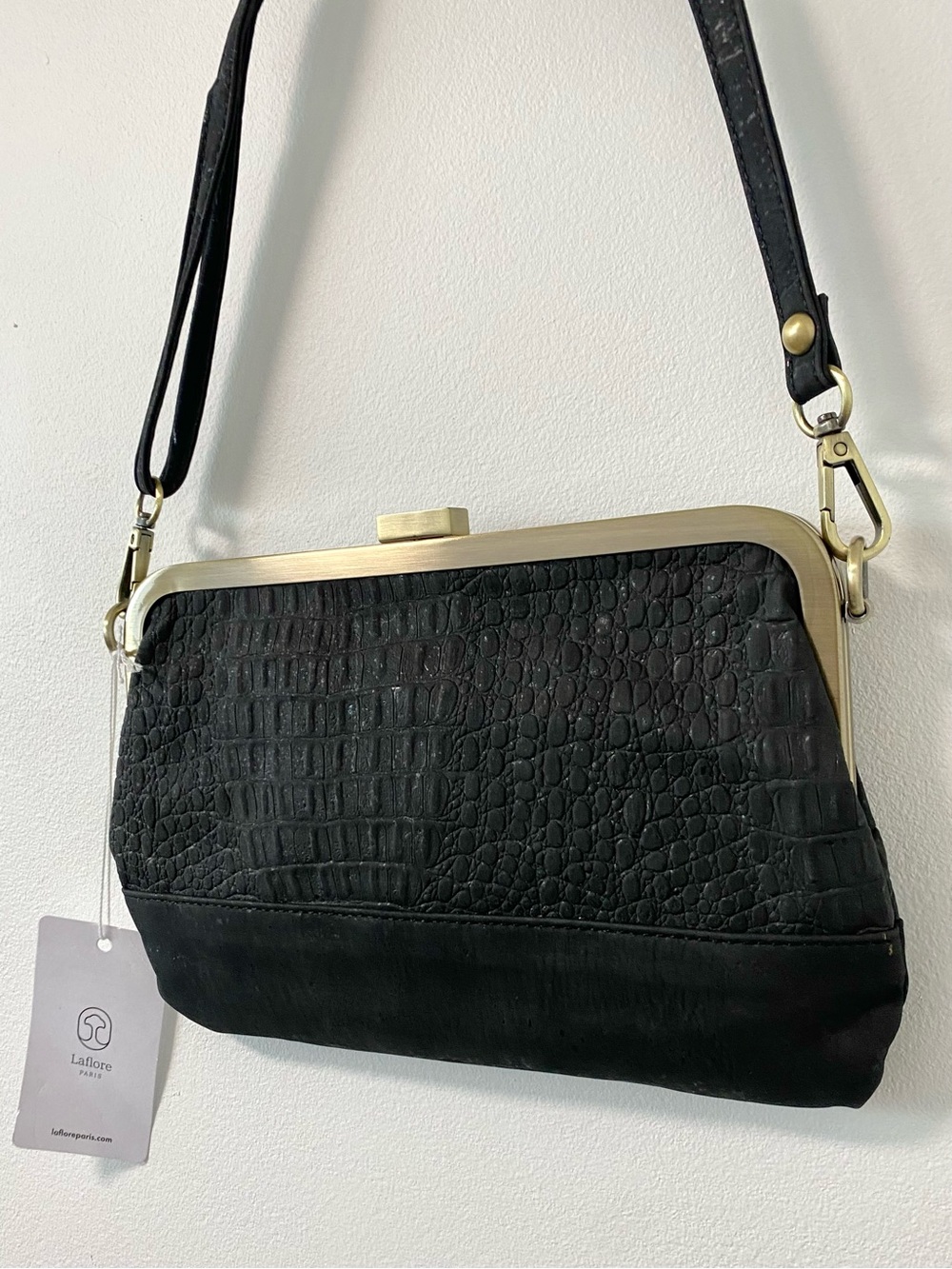 LaFlore Paris Bag Clutch Evening Shoulder Strap Small Black Croc Vegan Cork NWT